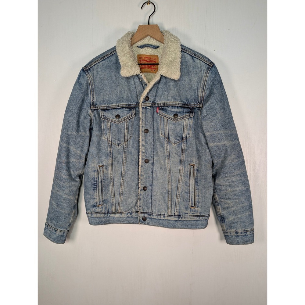 Levis Mens Sherpa Lining Trucker Jacket Light Wash Denim Size M